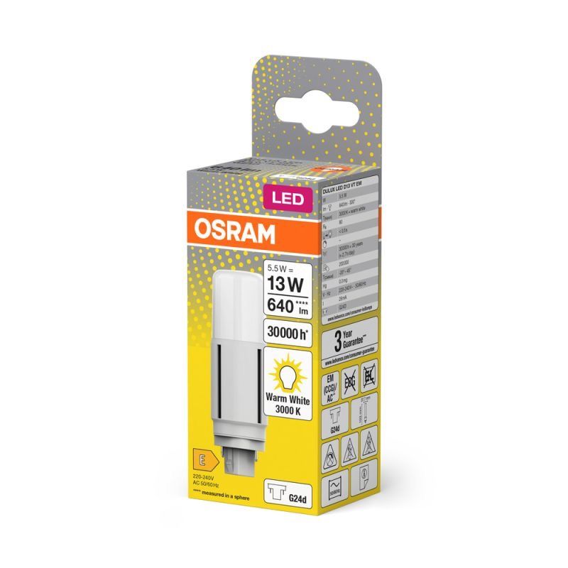 Osram Dulux-D LED (EM/Mains) 5.5W 640lm - 830 Varm Hvit | G24d 2-Stift - Erstatter 13W